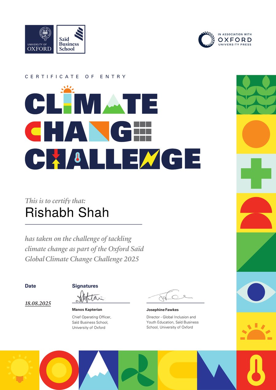 Oxford Said Global Climate Change Challenge certificate of entry