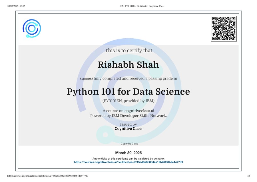 Python 101 for Data Science certificate